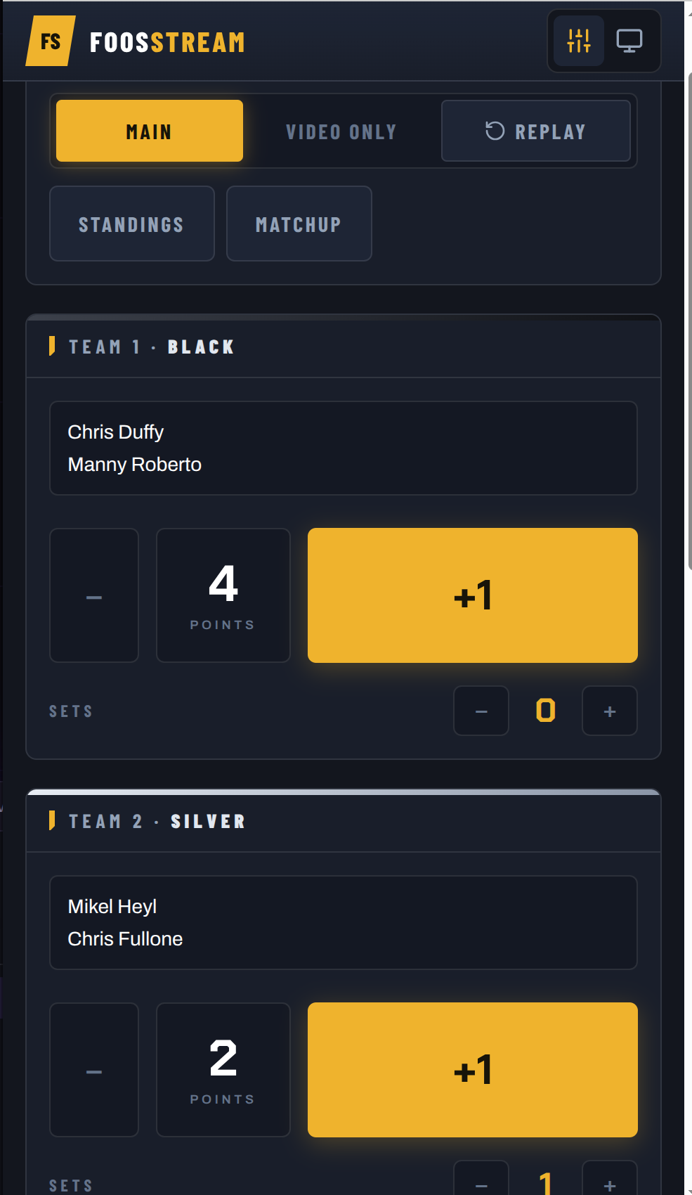 FoosStream controller running on a phone